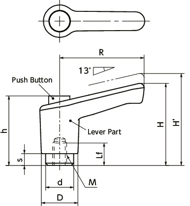 LECF-CClamp Lever - Miniature Type, Female Screw - with Push Button寸法図