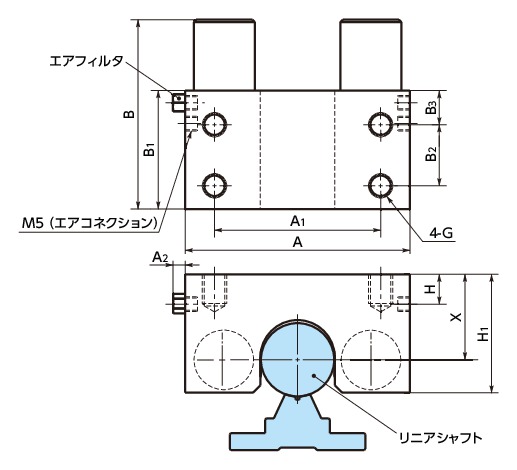 MKRS-04リニアクランパ・ズィー - 空気圧 - 常時閉 - リニアシャフト用寸法図