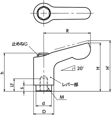 LDCFS-AS-HPミニクランプレバー(めねじ) - オールステンレス製寸法図