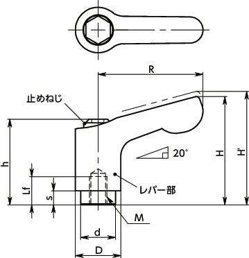 LDCFS-ASミニクランプレバー(めねじ) - オールステンレス製寸法図