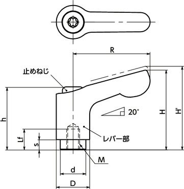 LDCFS-NI-HPミニクランプレバー(めねじ) - オールステンレス製寸法図