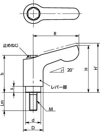 LDCMS-ASミニクランプレバー(おねじ) - オールステンレス製寸法図