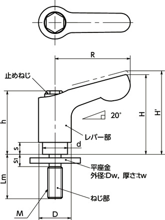 LDCMS-LW-ASミニクランプレバー - 平座金組み込みタイプ - オールステンレス製寸法図