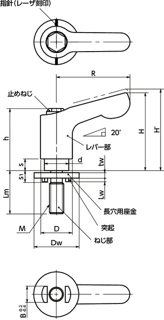 LDCMS-LWP-ASミニクランプレバー - 長穴用座金組み込みタイプ - オールステンレス製寸法図