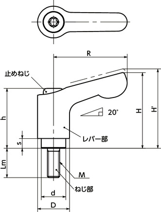 LDCMS-NI-HPミニクランプレバー(おねじ) - オールステンレス製寸法図