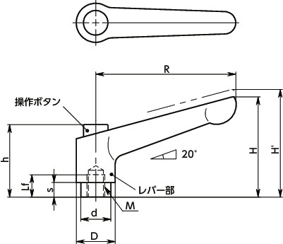 LDFS-Cクランプレバー(めねじ) - 操作ボタンつき寸法図