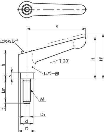 LDM-BRクランプレバー(黄銅パッドつき)寸法図