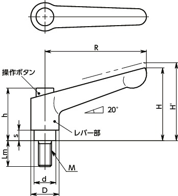 LDMS-Cクランプレバー(おねじ) - 操作ボタンつき寸法図