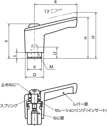 LECFミニプラクランプレバー(めねじ)寸法図