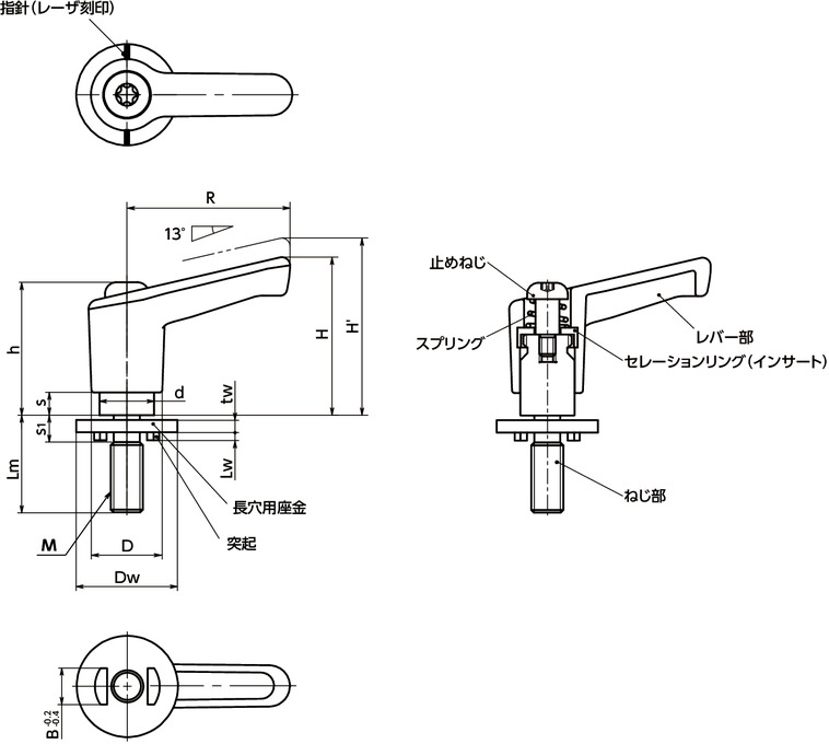 LECM-LWPミニプラクランプレバー - 長穴用座金組み込みタイプ寸法図