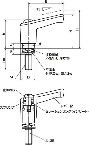 LECM-Wミニプラクランプレバー - ばね座金組み込みタイプ寸法図