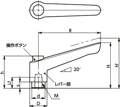 LEFS-Cプラクランプレバー(めねじ) - 操作ボタンつき寸法図