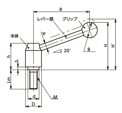 LNTM-Eテンションレバー(おねじ)寸法図