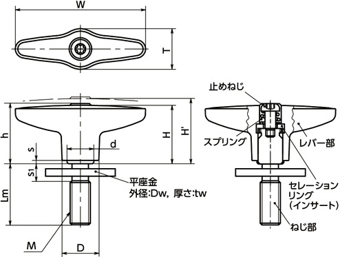 LUDMS-LWプラクランプレバー - 平座金組み込みタイプ寸法図