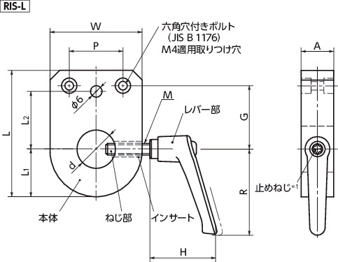 RIS-Lインジケータベース - セットスクリュータイプ(レバーつき) 寸法図