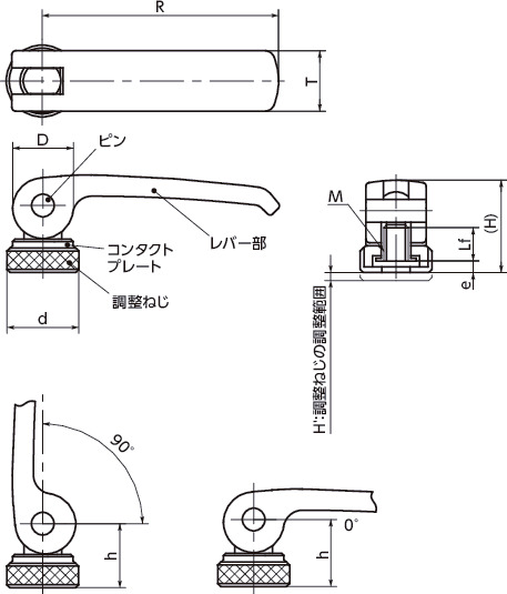 LWAF-ASTカムレバー(めねじ) - 調整タイプ - スティール製 寸法図
