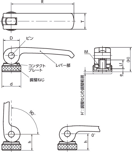 LWAF-STカムレバー(めねじ) - 調整タイプ 寸法図