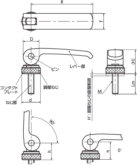 LWAM-ASTカムレバー(おねじ) - 調整タイプ - スティール製 寸法図