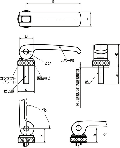 LWAMS-NIカムレバー(おねじ) - 調整タイプ - ステンレス製寸法図