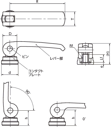 LWBF-ASTカムレバー(めねじ) - 固定タイプ - スティール製 寸法図