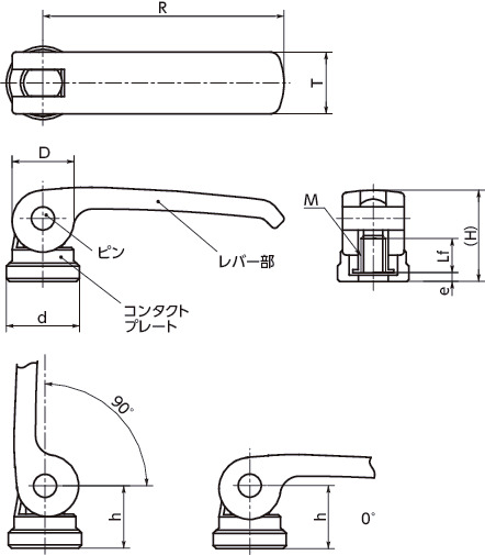 LWBF-STカムレバー(めねじ) - 固定タイプ 寸法図