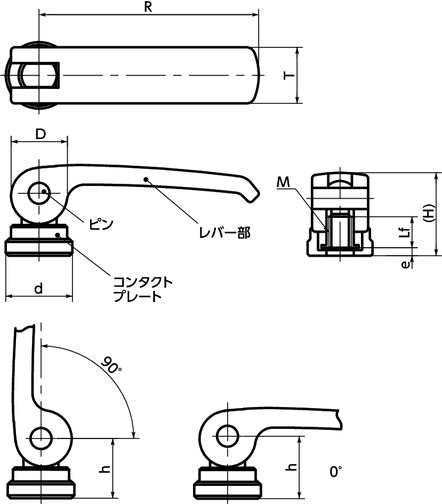 LWBFS-ANIカムレバー(めねじ) - 固定タイプ - オールステンレス製寸法図