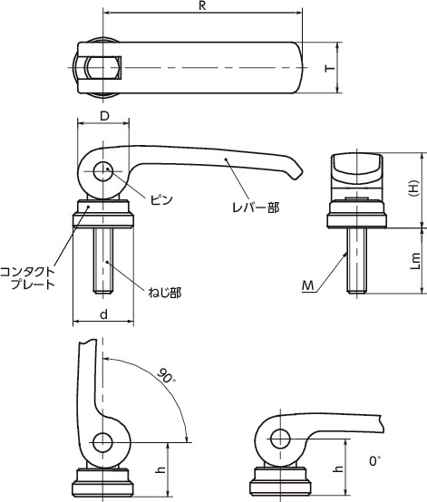 LWBM-ASTカムレバー(おねじ) - 固定タイプ - スティール製 寸法図