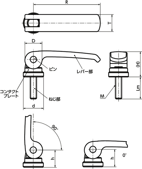 LWBMS-NIカムレバー(おねじ) - 固定タイプ - ステンレス製寸法図