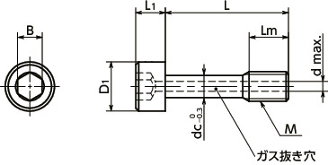SSC-SVSS六角穴付き脱落防止ねじ(ガス抜き穴つき)寸法図