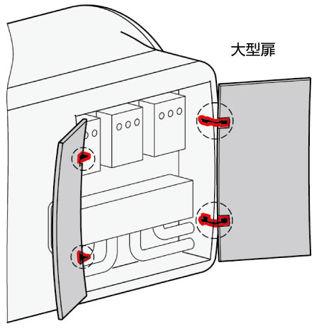 内側取りつけで、重量のある大型の扉に使用できるヒンジ（蝶番