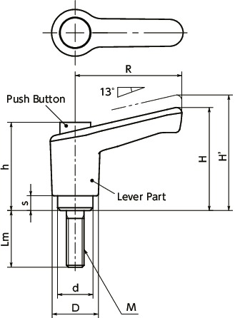 LECM-CClamp Lever - Miniature Type, Male Screw - with Push Button寸法図
