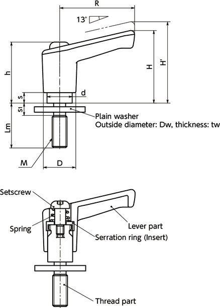 LECM-LWLeve di bloccaggio in plastica miniaturizzate - Tipo integrato con rondella piana寸法図