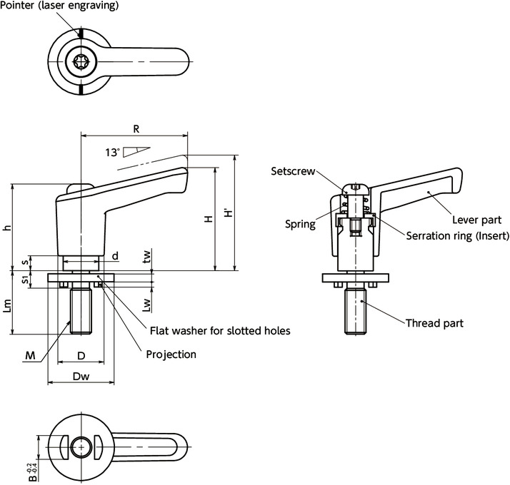 LECM-LWPMiniature Plastic Clamp Levers with Flat Washers for Slotted Holes寸法図