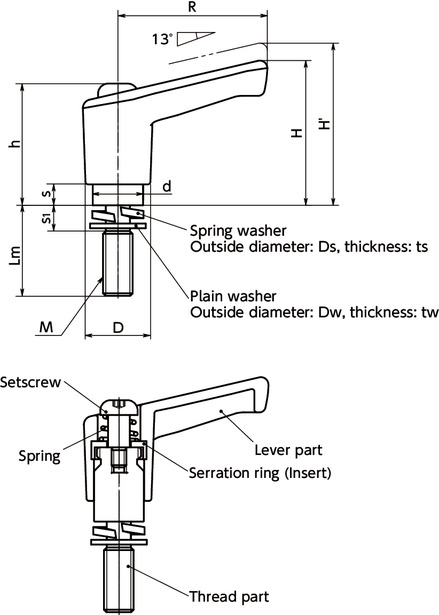 LECM-W미니어처 플라스틱 클램프 레버 - 스프링 와셔 일체형寸法図