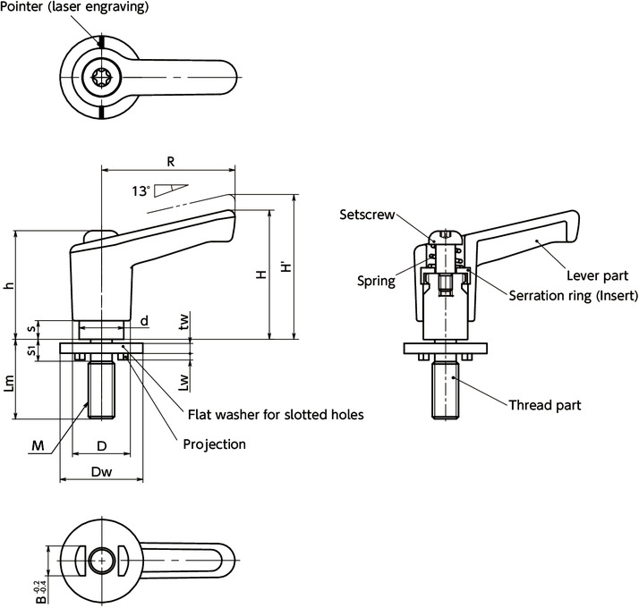 LECMS-LWPMiniature Plastic Clamp Levers with Flat Washers for Slotted Holes寸法図