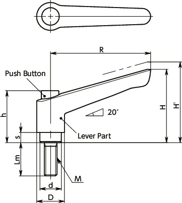LEMS-CPlastic Clamp Lever, Male Screw - with Push Button寸法図