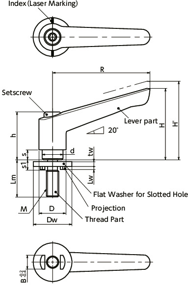 LEMS-LWPPlastic Clamp Levers with Flat Washers for Slotted Holes寸法図