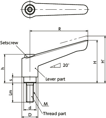 LEMSPlastic Clamp Levers, Male Screw寸法図