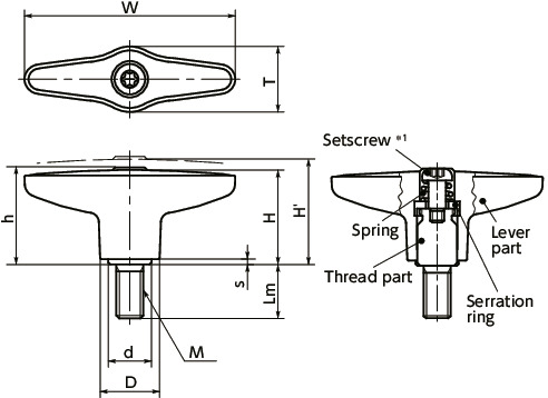 LUDMPlastic Clamp Levers, Male Screw寸法図