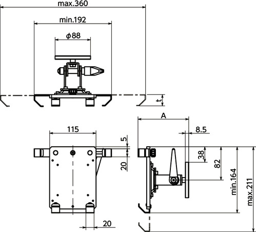 DTAS-MGTablet PC Holders - Single Axis Type - Clamp Lever Retention - Magnet Mounting寸法図