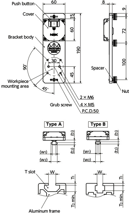 CUTB-LQuick Positioning Brackets - For Aluminum Frames - T-slot Fixed Type - Lower Mounting Type寸法図