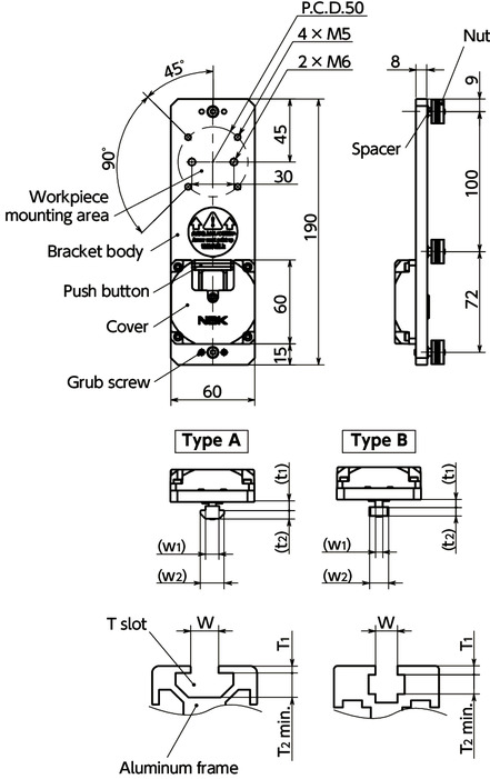 CUTB-UQuick Positioning Brackets - For Aluminum Frames - T-slot Fixed Type - Upper Mounting Type寸法図
