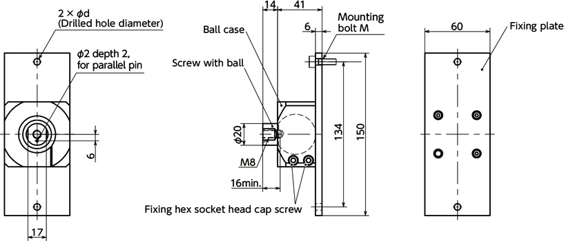DFKF-AFBall Joint (Female Screw 1-Hole) - Bolt Mounting寸法図