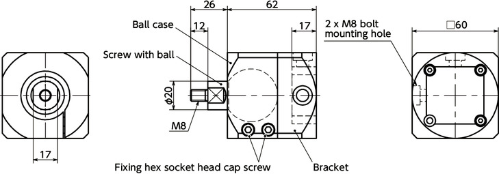 DFKM-AABall Joint (Male Screw) - Aluminum Frame End Surface Mounting寸法図