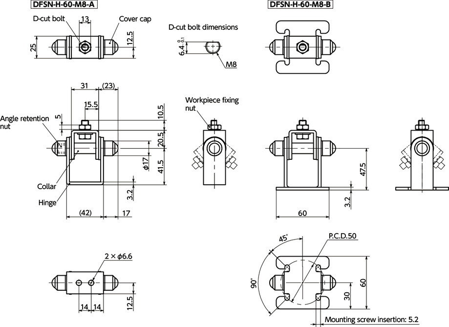DFSN-HAngle Hinge - Hex Nut Retention寸法図