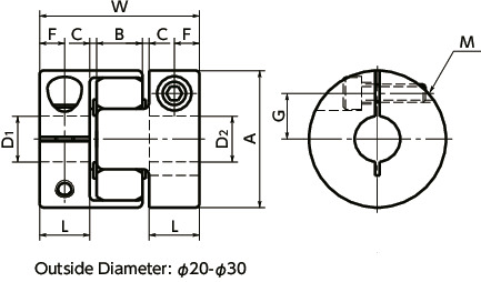MJS-CS-BL/MJS-CS-EBL/MJS-CS-EGR/MJS-CS-ERD/MJS-CS-EWH/MJS-CS-GR/MJS-CS-RD/MJS-CS-WHFlexible Coupling -Jaw-Type (Short) - Clamping Type寸法図