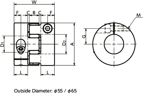MJS-CS-BL/MJS-CS-EBL/MJS-CS-EGR/MJS-CS-ERD/MJS-CS-EWH/MJS-CS-GR/MJS-CS-RD/MJS-CS-WHFlexible Coupling -Jaw-Type (Short) - Clamping Type寸法図