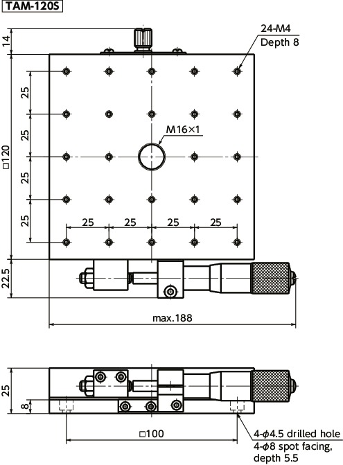 TAM-SX-axis Aluminum Cross Roller Stages寸法図