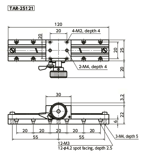 TAR-25Miniature X-axis Rack-and-Pinion Stages寸法図