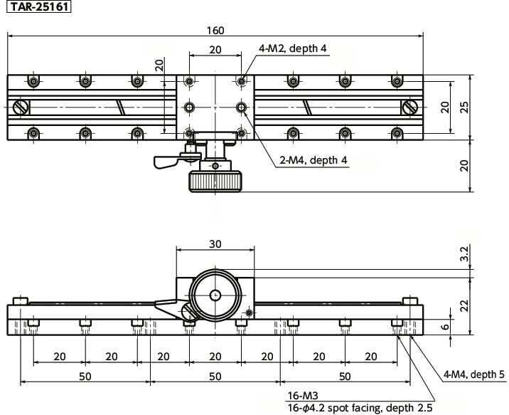 TAR-25Miniature X-axis Rack-and-Pinion Stages寸法図